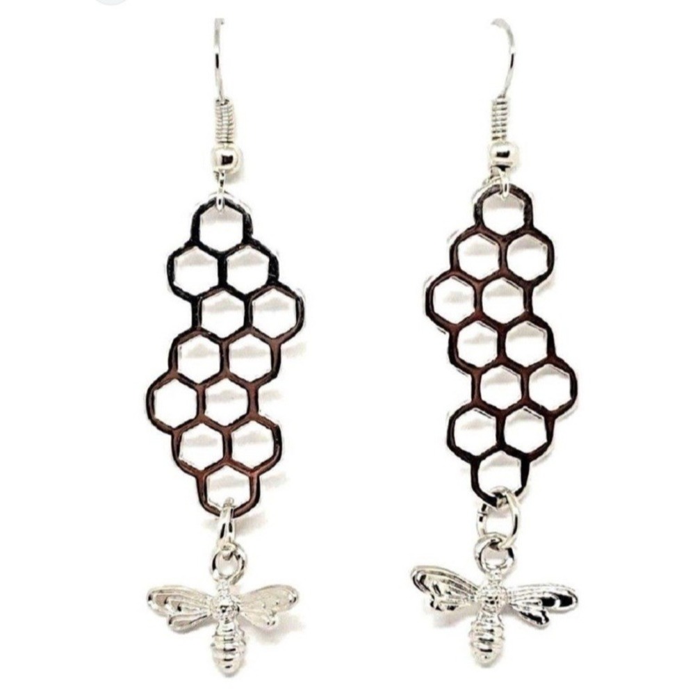 HONEY BEE EARRINGS silver honeycomb bumble bee‎ wasp insect hive hornet bug NEW